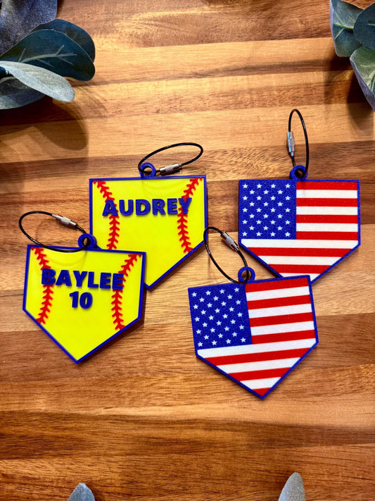 Personalized Softball Bag Tag | Custom Name & Number | Home Plate Tag w/ Softball Stitch | American Flag Back | Backpack | Bat Bag Charm