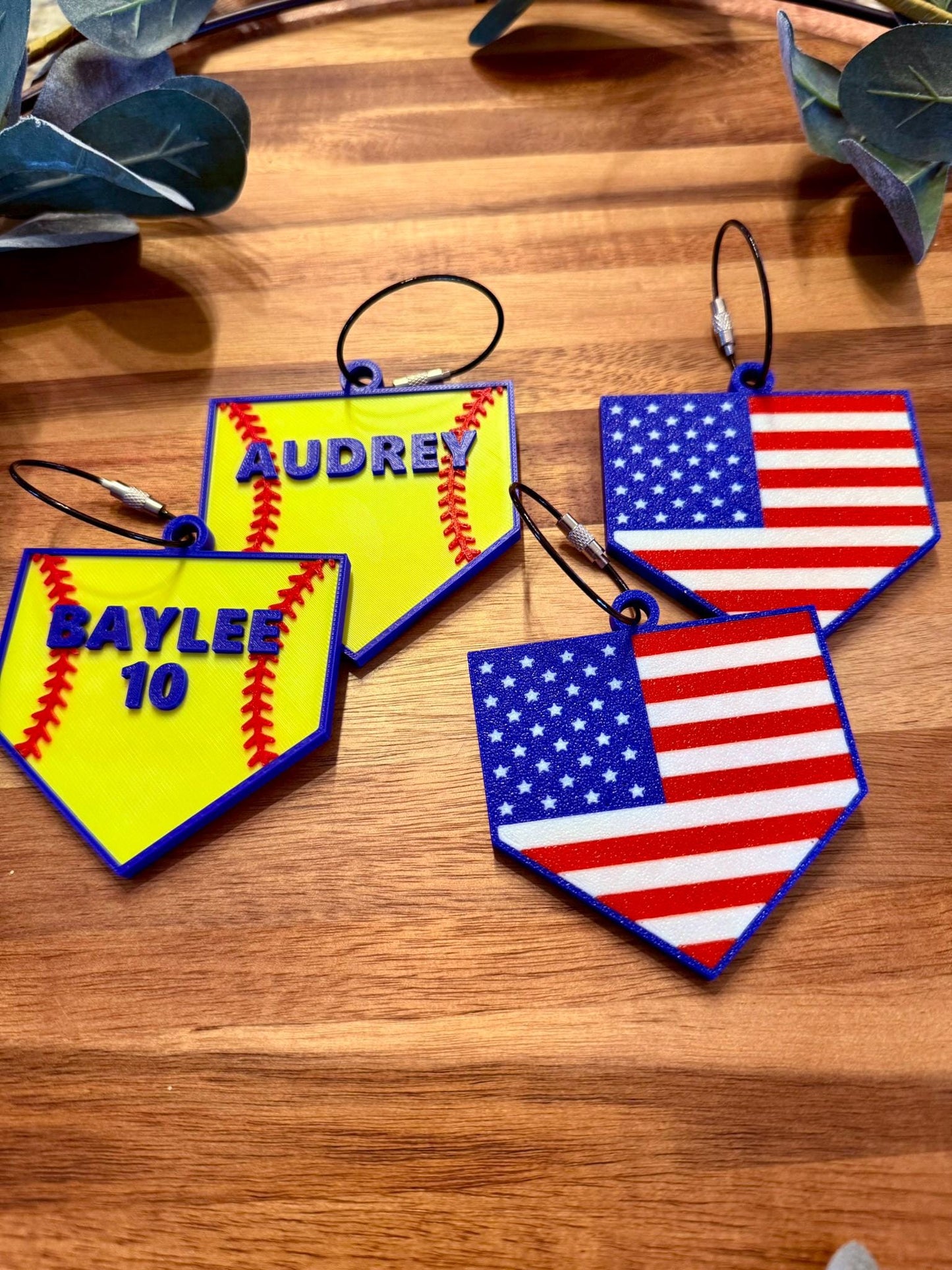 Personalized Softball Bag Tag | Custom Name & Number | Home Plate Tag w/ Softball Stitch | American Flag Back | Backpack | Bat Bag Charm