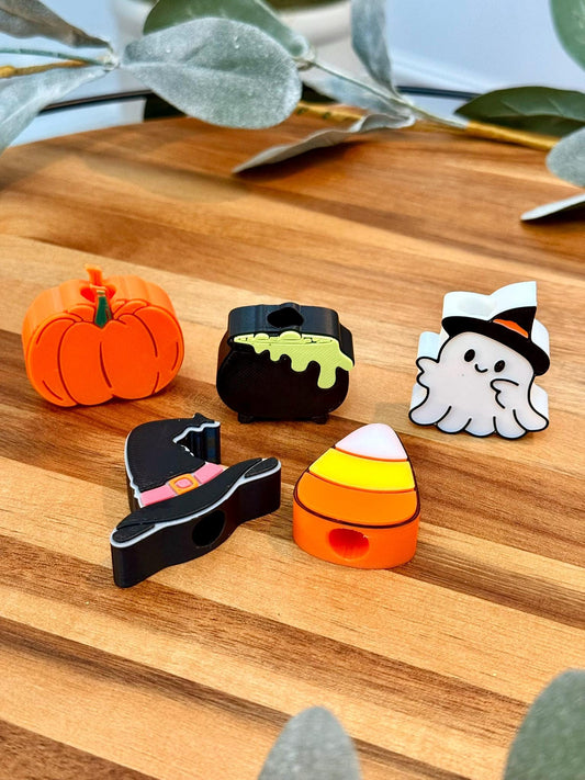 Fall Halloween Stanley Tumbler Straw Toppers | 5 Pack | Fits 10mm Straws | Pumpkin, Ghost, Witch Hat, Candy Corn, Cauldron | 20oz 30oz 40oz