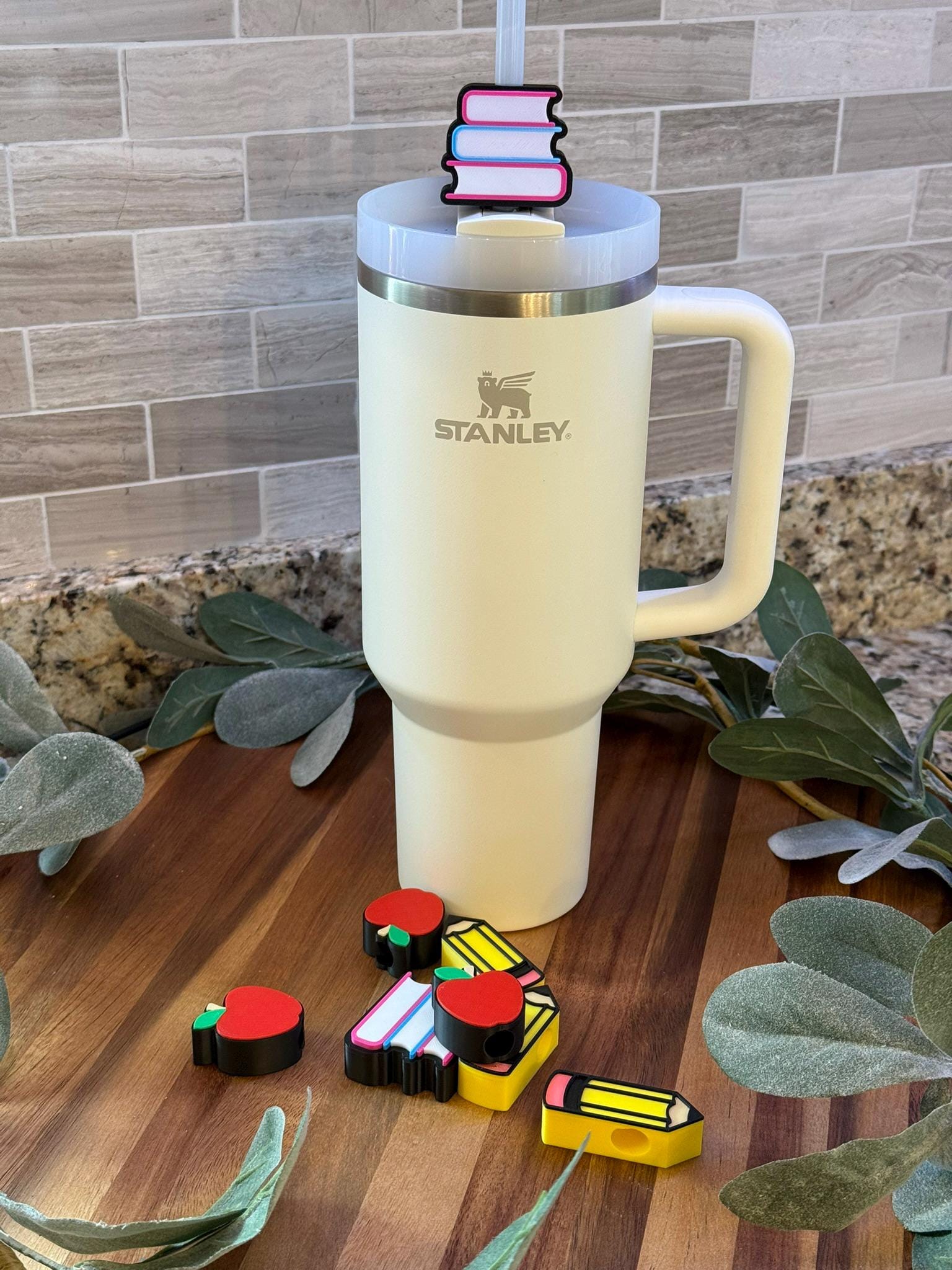 Back to School Stanley Tumbler Straw Topper Set ā Pencil, Apple & Book Stack ā 3 Pack for Teachers ā Fits 10mm Stanley Straws ā Teacher Gift