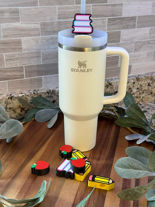 Back to School Stanley Tumbler Straw Topper Set – Pencil, Apple & Book Stack – 3 Pack for Teachers – Fits 10mm Stanley Straws – Teacher Gift