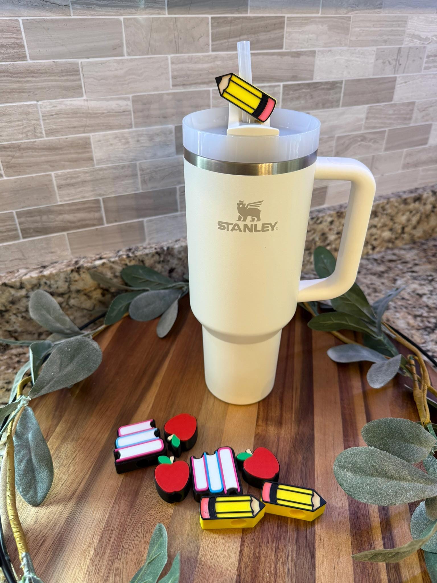 Back to School Stanley Tumbler Straw Topper Set ā Pencil, Apple & Book Stack ā 3 Pack for Teachers ā Fits 10mm Stanley Straws ā Teacher Gift