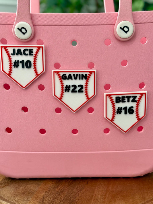 Personalized Baseball Bogg Bag Charm – Home Plate Bogg Bag Tag – Custom Name & Number – Team Gift – Baseball Accessories – Sports Bag Swag