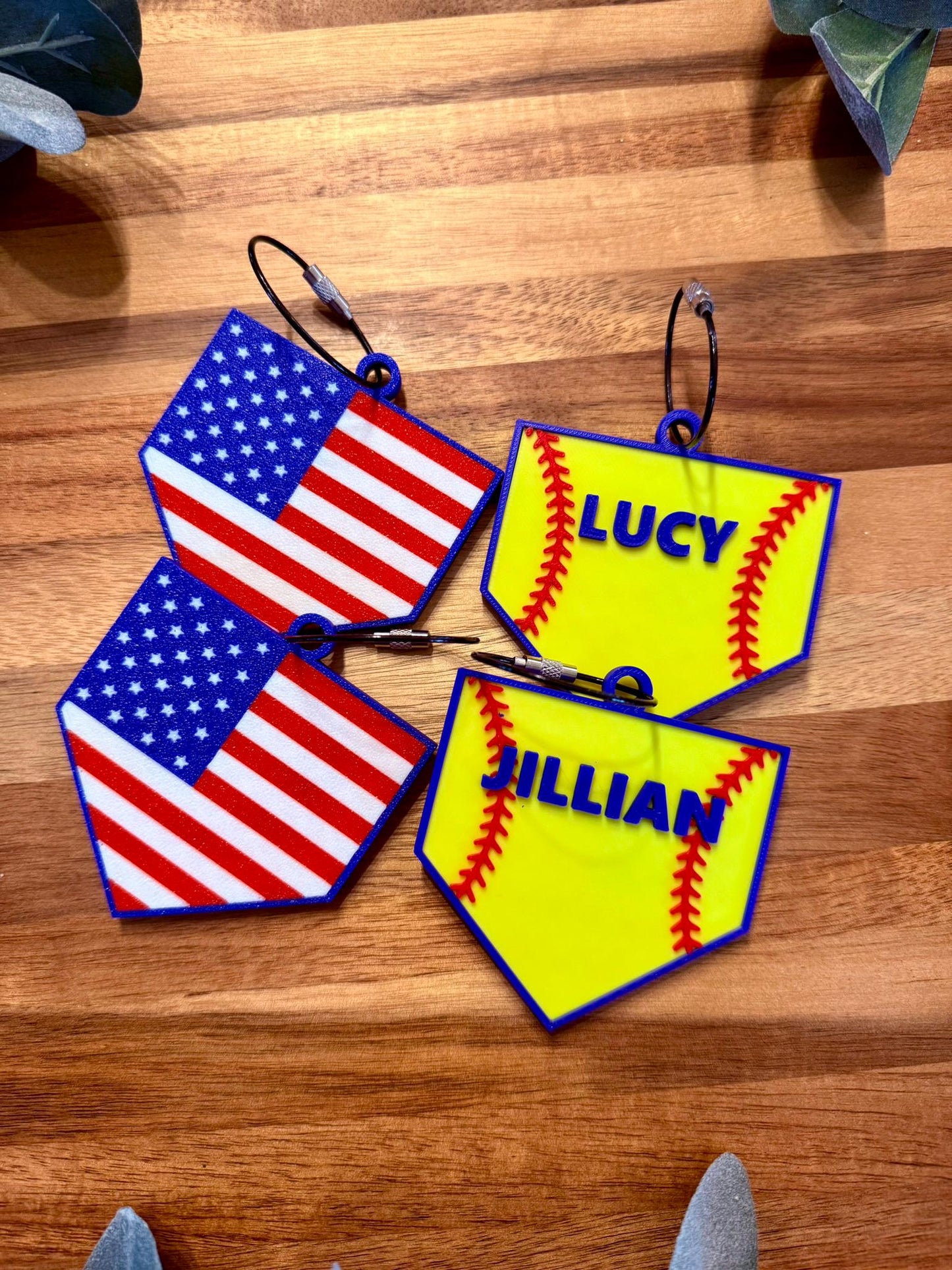 Personalized Softball Bag Tag | Custom Name & Number | Home Plate Tag w/ Softball Stitch | American Flag Back | Backpack | Bat Bag Charm