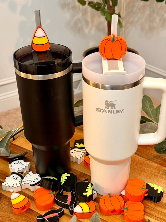 Fall Halloween Stanley Tumbler Straw Toppers | 5 Pack | Fits 10mm Straws | Pumpkin, Ghost, Witch Hat, Candy Corn, Cauldron | 20oz 30oz 40oz