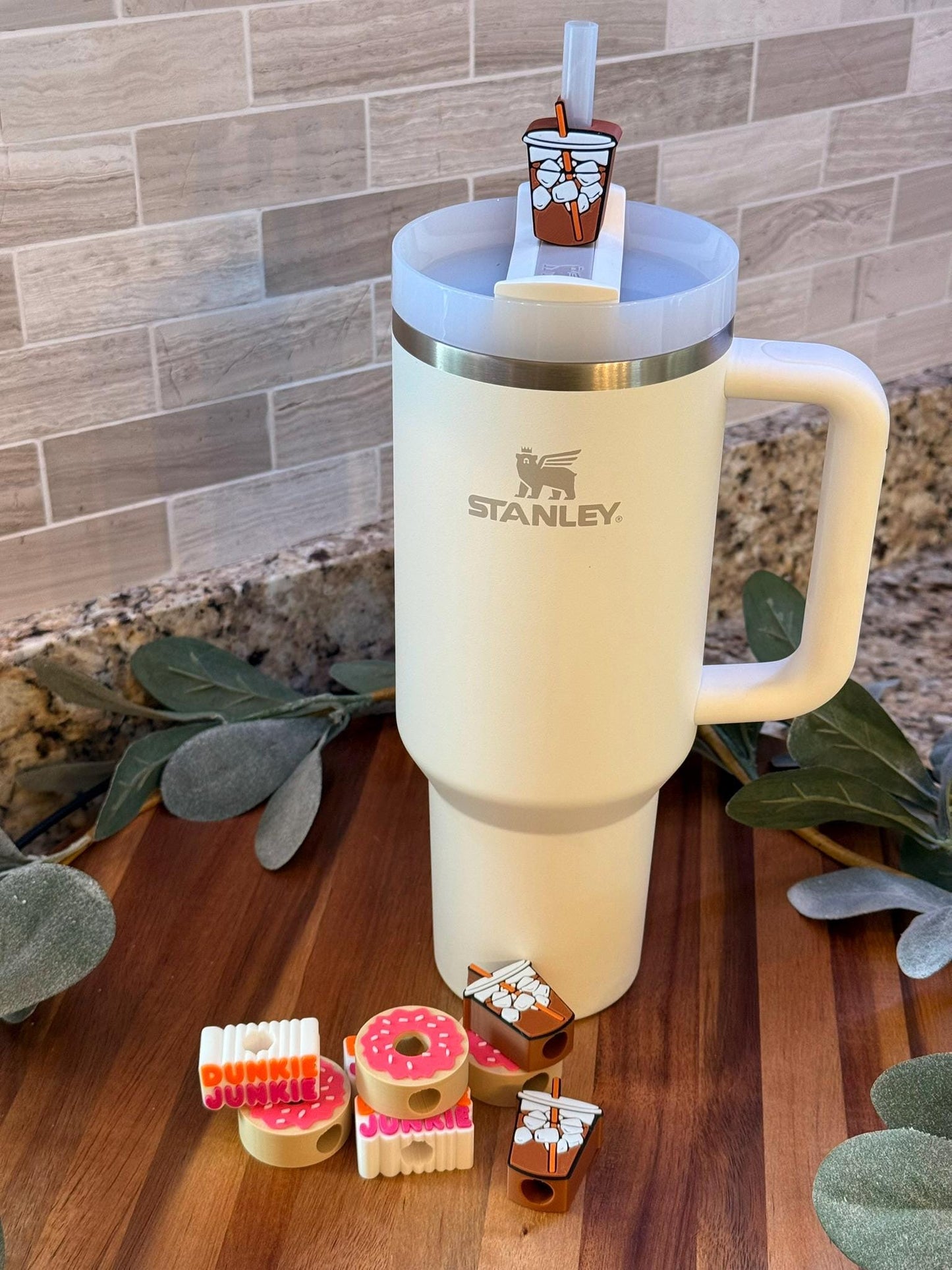 Dunkie Junkie Stanley Tumbler Straw Topper Set – Donut, Iced Coffee, and dunkie junkie Topper – Accessories for 20oz, 30oz, 40oz Cups