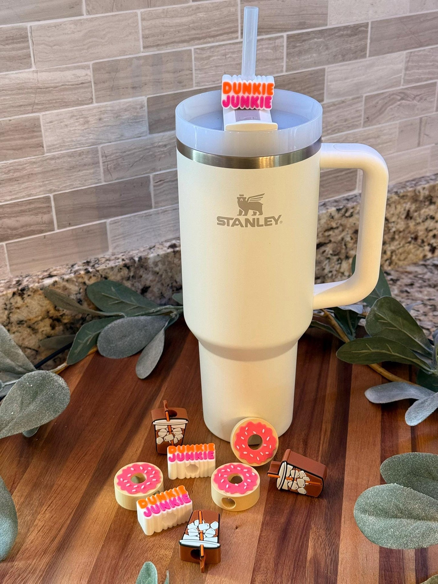 Dunkie Junkie Stanley Tumbler Straw Topper Set – Donut, Iced Coffee, and dunkie junkie Topper – Accessories for 20oz, 30oz, 40oz Cups