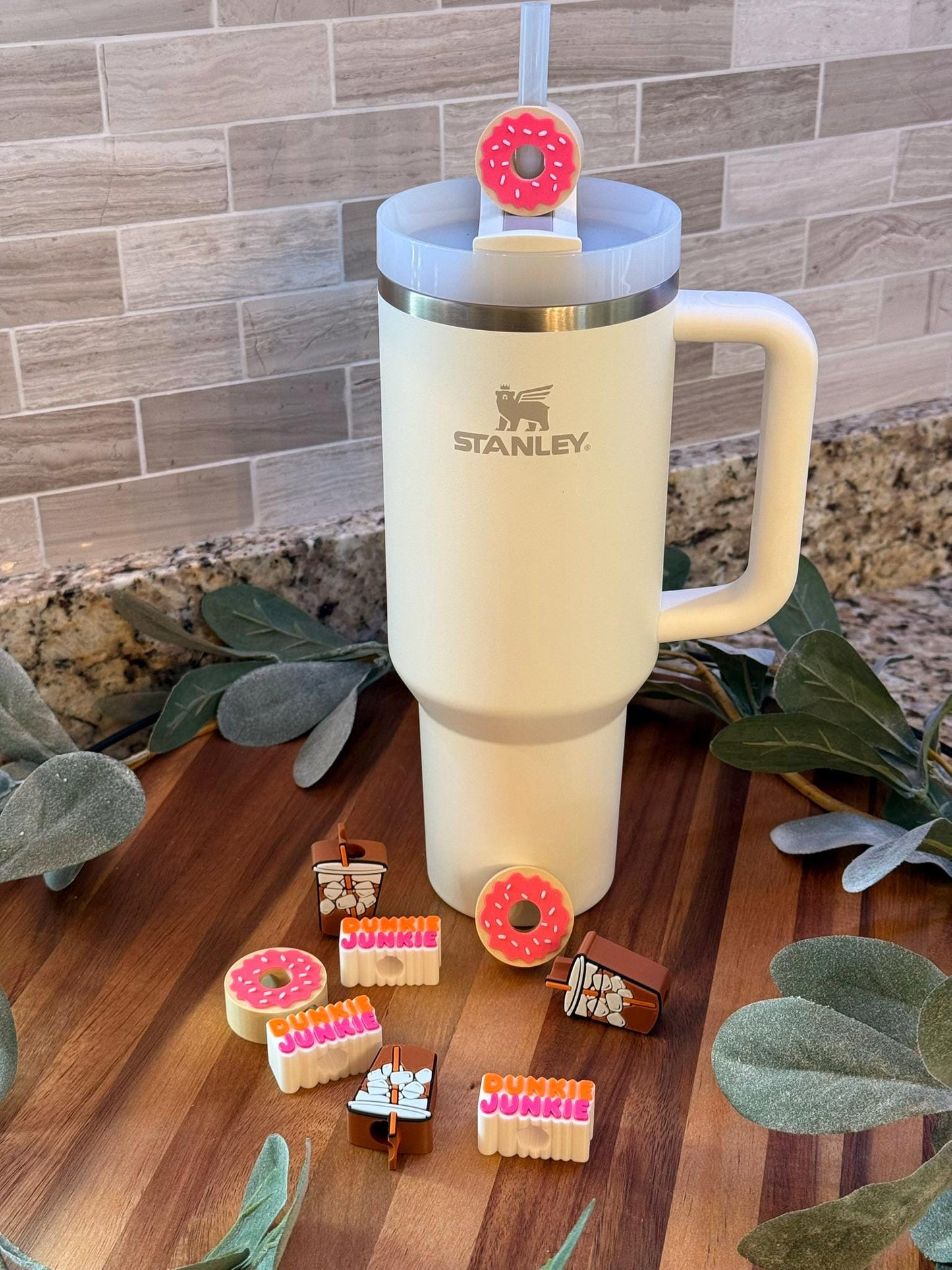 Dunkie Junkie Stanley Tumbler Straw Topper Set – Donut, Iced Coffee, and dunkie junkie Topper – Accessories for 20oz, 30oz, 40oz Cups