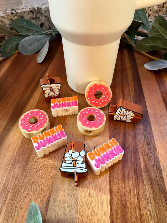 Dunkie Junkie Stanley Tumbler Straw Topper Set – Donut, Iced Coffee, and dunkie junkie Topper – Accessories for 20oz, 30oz, 40oz Cups