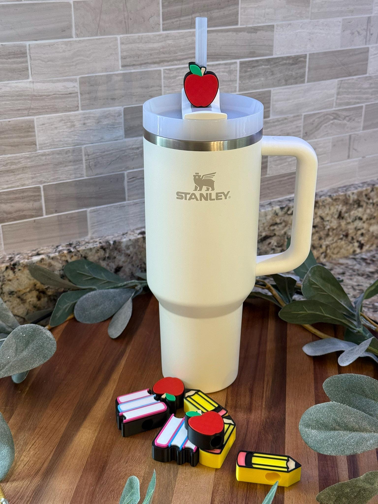 Back to School Stanley Tumbler Straw Topper Set ā Pencil, Apple & Book Stack ā 3 Pack for Teachers ā Fits 10mm Stanley Straws ā Teacher Gift