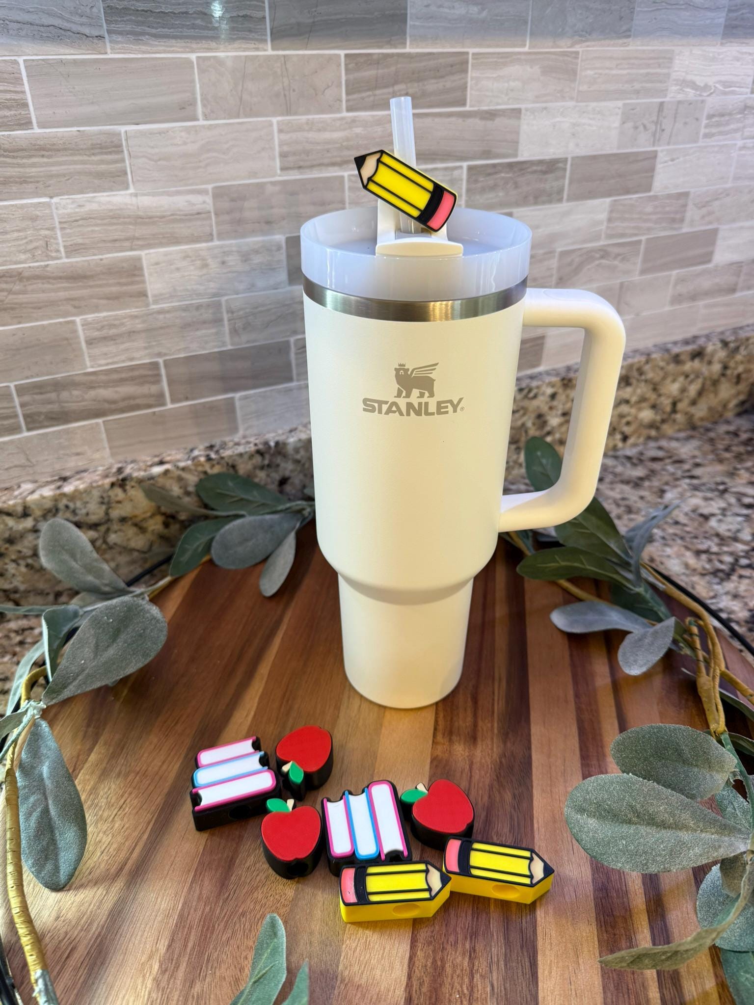 Back to School Stanley Tumbler Straw Topper Set ā Pencil, Apple & Book Stack ā 3 Pack for Teachers ā Fits 10mm Stanley Straws ā Teacher Gift