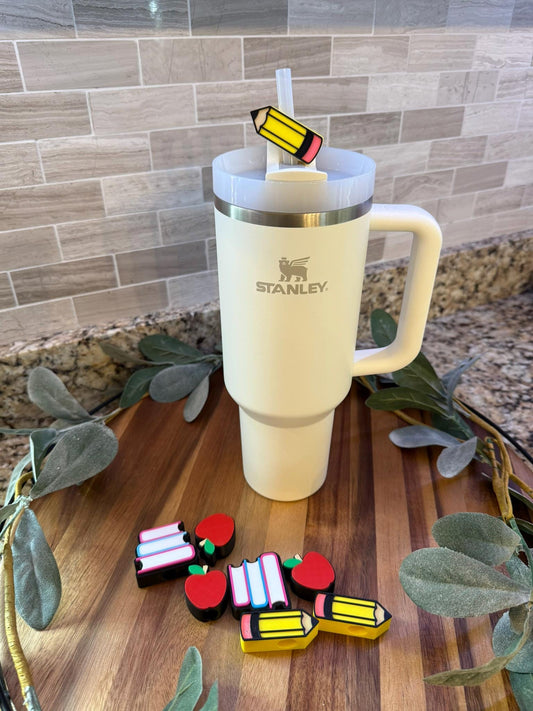 Back to School Stanley Tumbler Straw Topper Set – Pencil, Apple & Book Stack – 3 Pack for Teachers – Fits 10mm Stanley Straws – Teacher Gift