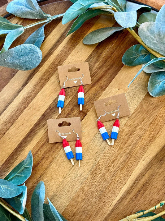 Bomb Pop Earrings – Patriotic Rocket Pop Dangle Jewelry – Red White Blue Summer Accessories – Fun Ice Pop Earrings for 4th of July