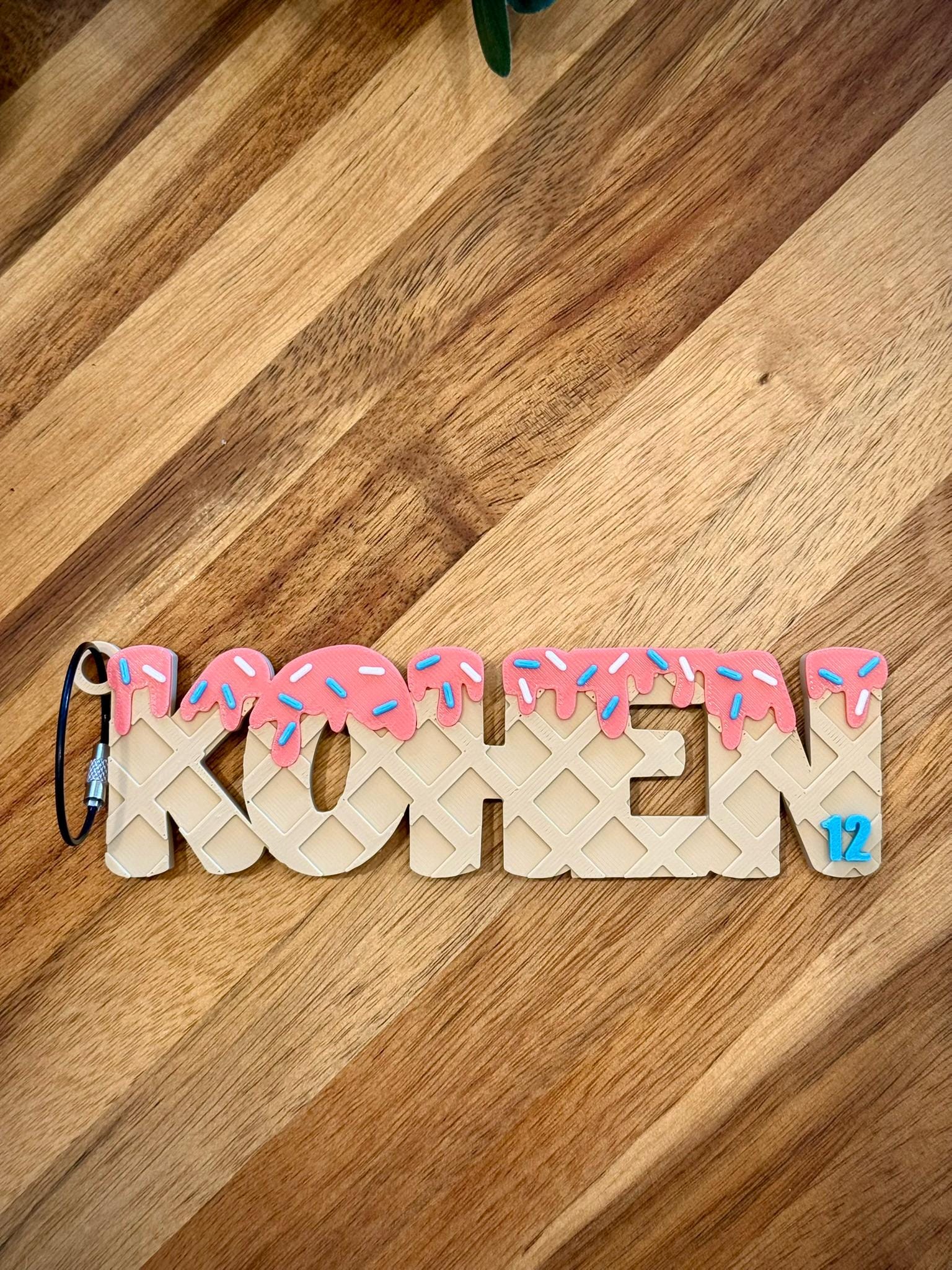 Ice Cream Drip Personalized Name Bag Tag – Backpack or Sports Bag Tag – Waffle Cone Style – Custom Colors – Baseball, Softball, School