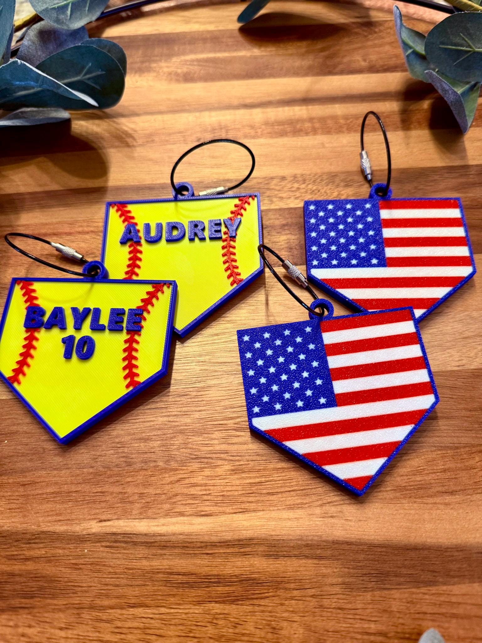 Personalized Softball Bag Tag | Custom Name & Number | Home Plate Tag w/ Softball Stitch | American Flag Back | Backpack | Bat Bag Charm