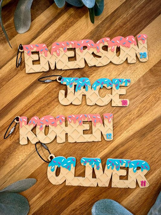 Ice Cream Drip Personalized Name Bag Tag – Backpack or Sports Bag Tag – Waffle Cone Style – Custom Colors – Baseball, Softball, School