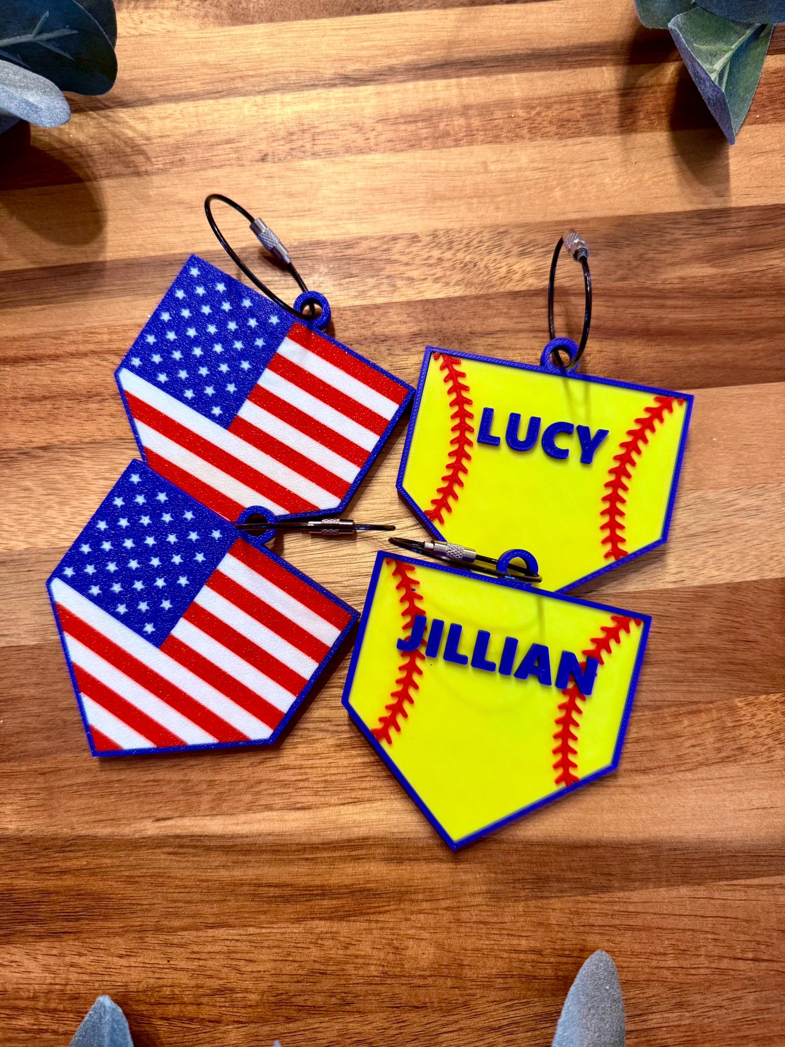 Personalized Softball Bag Tag | Custom Name & Number | Home Plate Tag w/ Softball Stitch | American Flag Back | Backpack | Bat Bag Charm