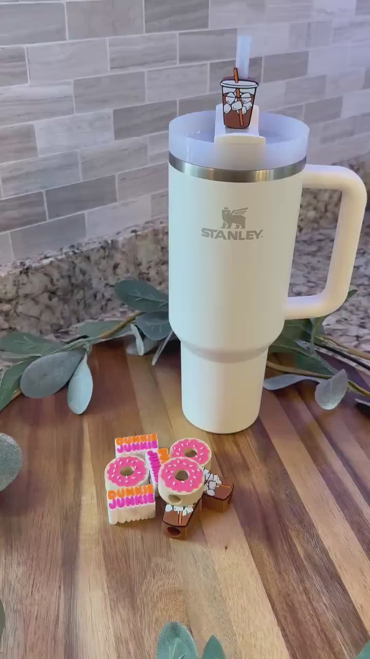 Dunkie Junkie Stanley Tumbler Straw Topper Set – Donut, Iced Coffee, and dunkie junkie Topper –  Accessories for 20oz, 30oz, 40oz Cups